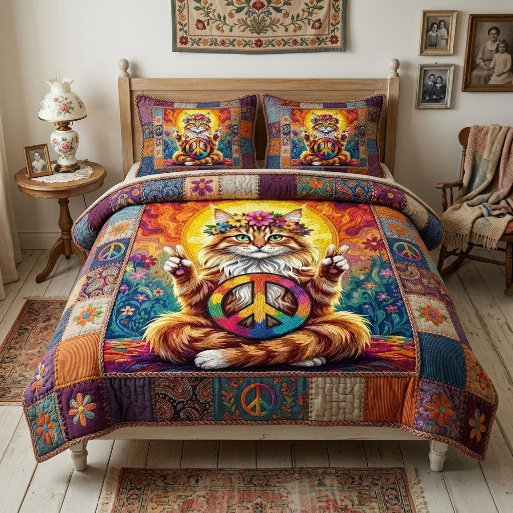 Peaceful Hippie Cat Patchwork WN0304006CL Duvet Cover Set