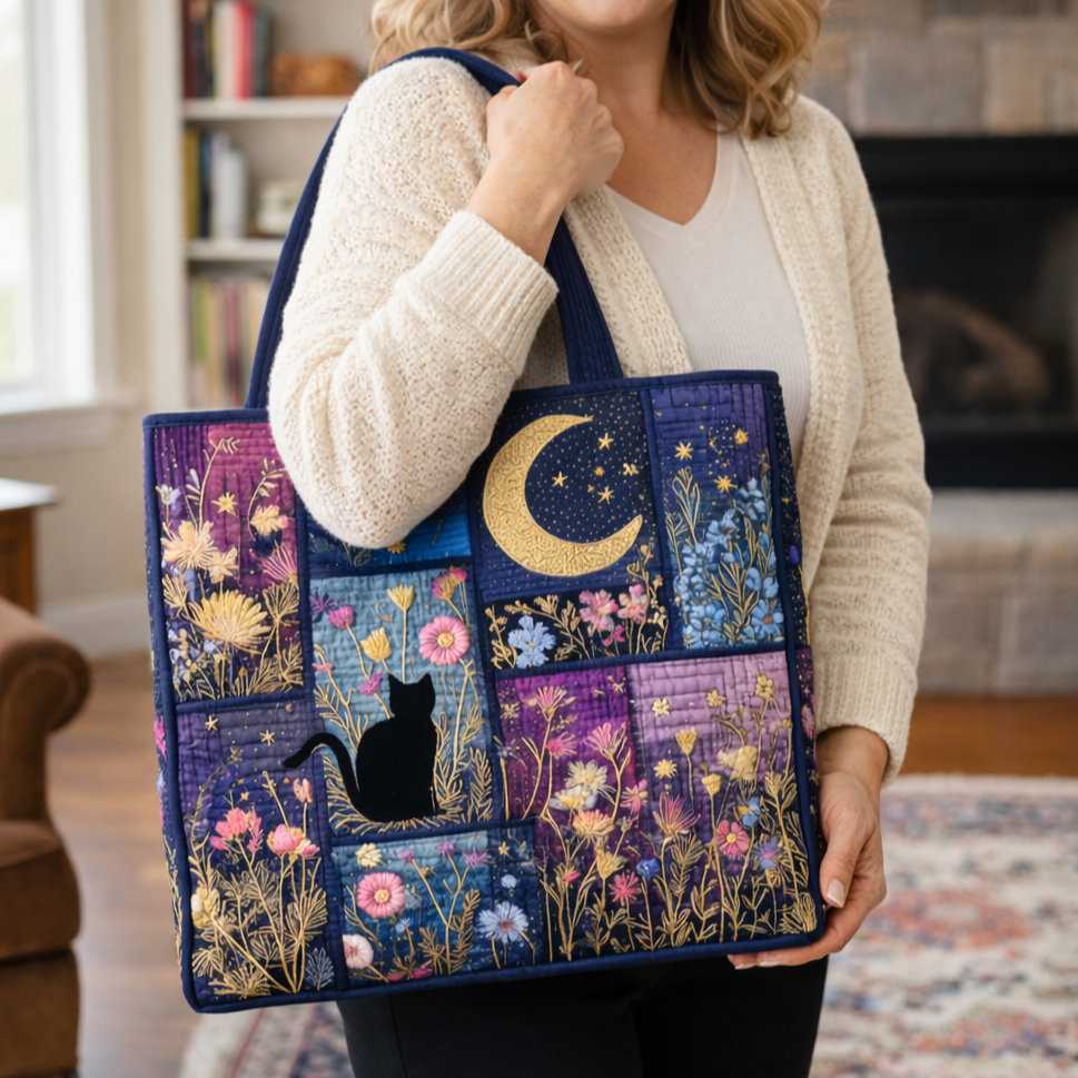 Floral Cat Night CW1002001CL Quilted Tote Bag