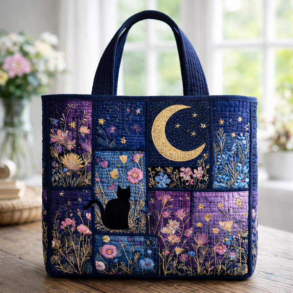 Floral Cat Night CW1002001CL Quilted Tote Bag
