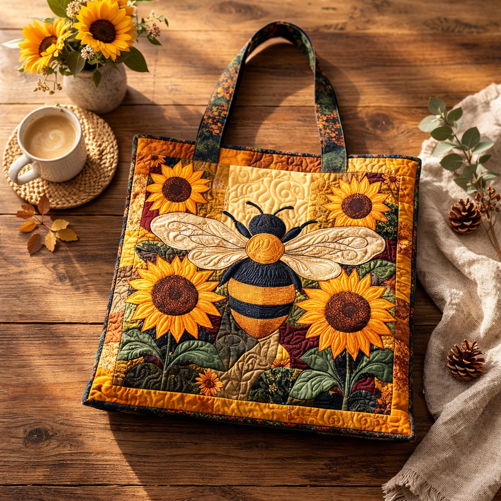 Vintage Sunflower Honeybee KL0312006CL Quilted Tote Bag